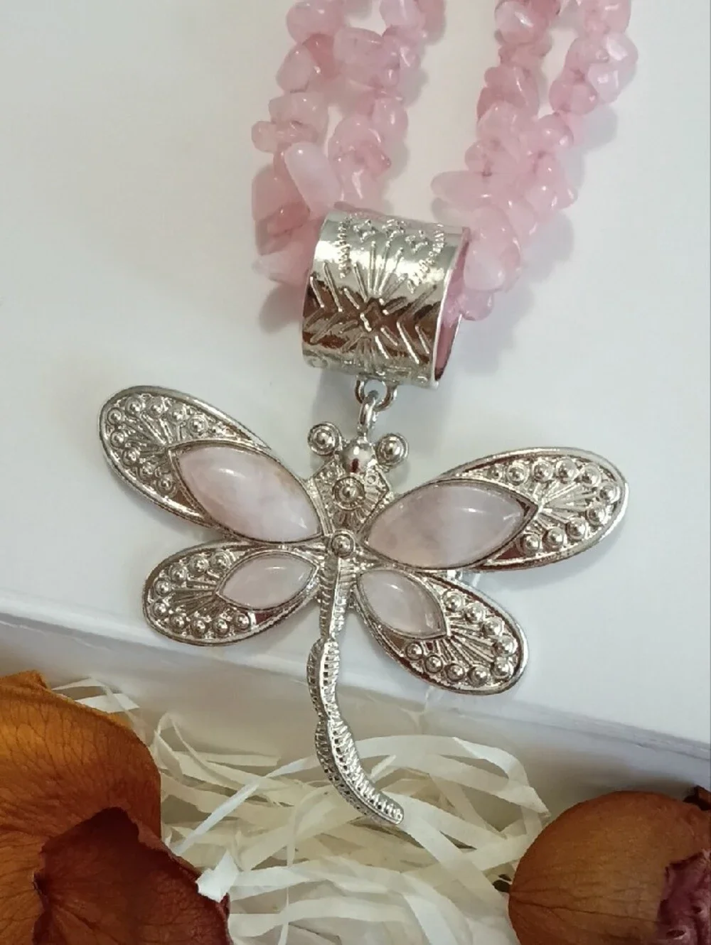 Rose Quartz Silver Dragonfly Pendant Necklace Multi Strand Gorgeous
